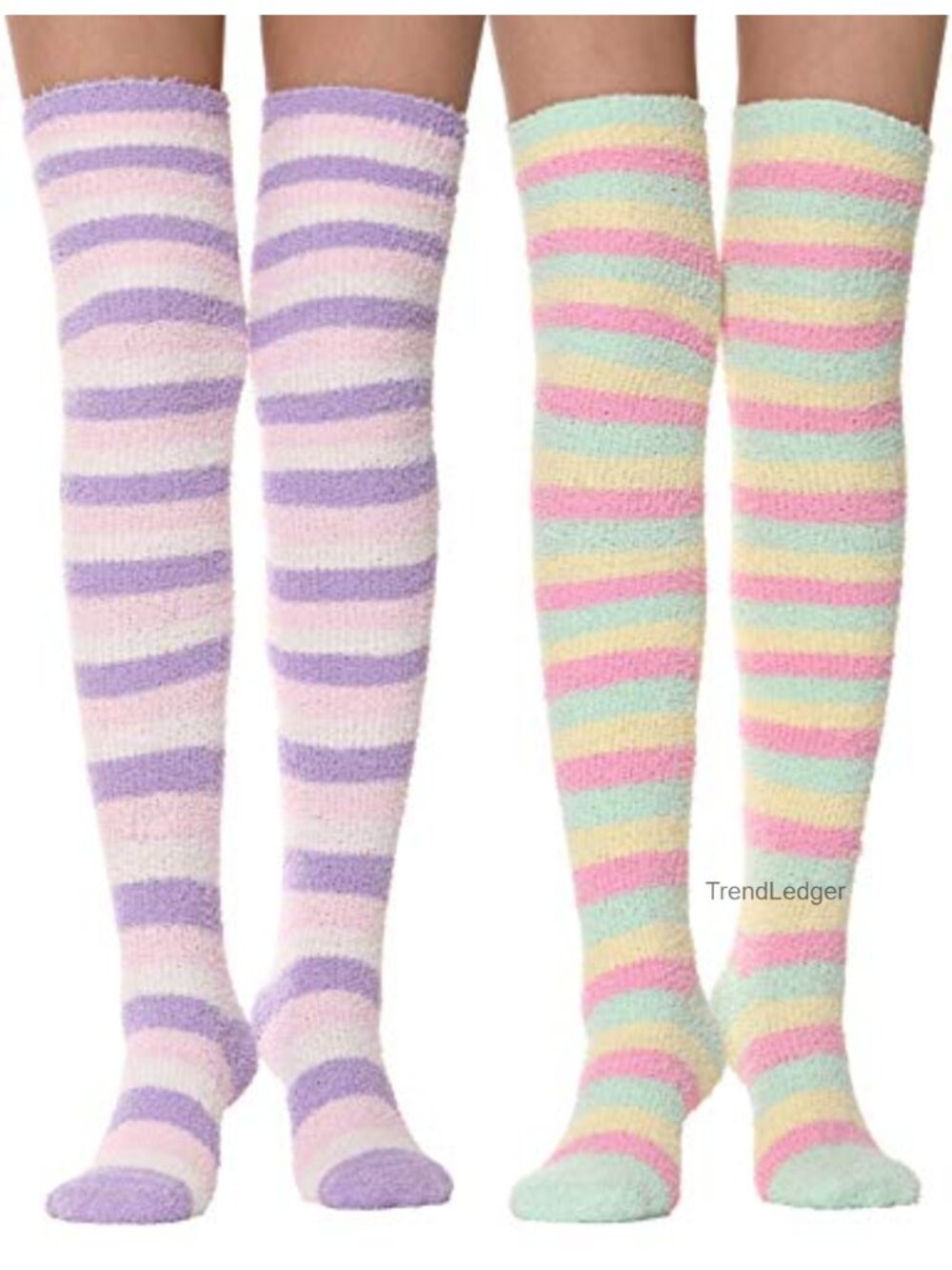 Fuzzy Thigh High Over Knee Socks Striped Soft Coral Velvet